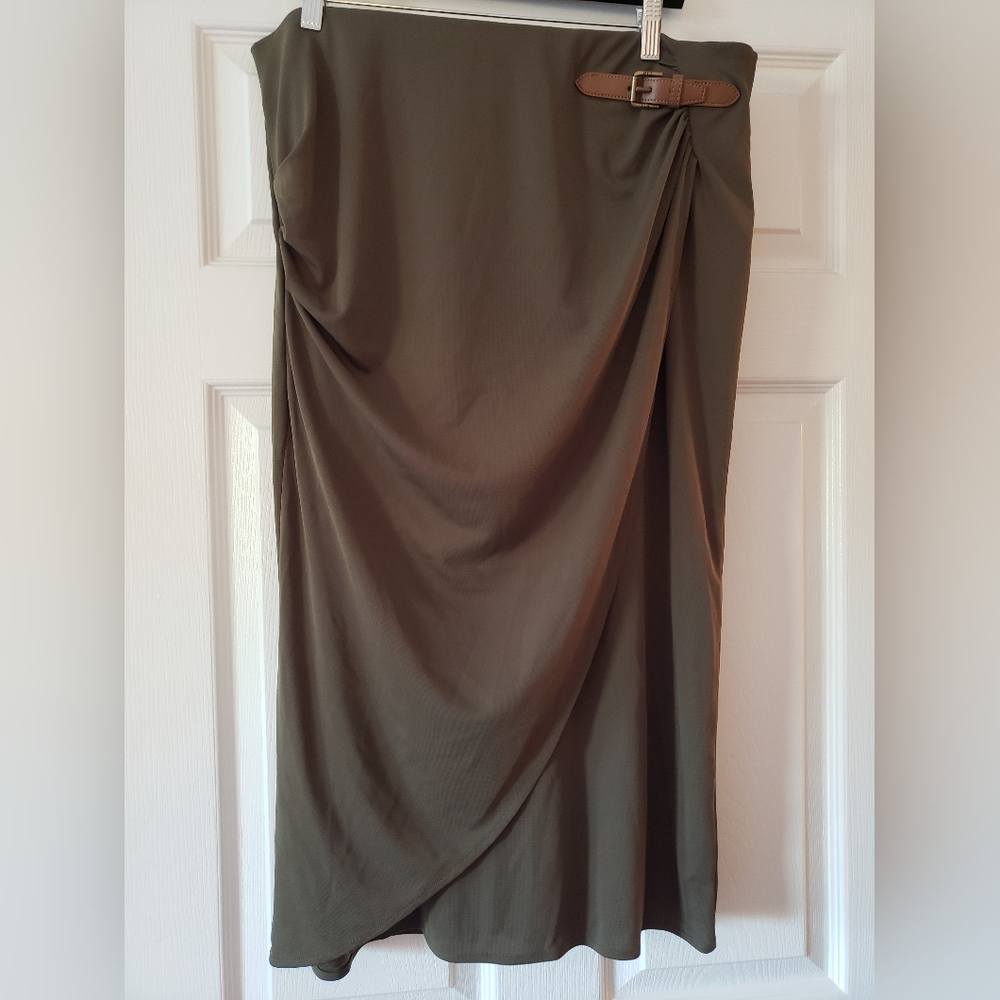 Ralph Lauren XL olive green faux wrap skirt w/ leather/brushed gold belt detail